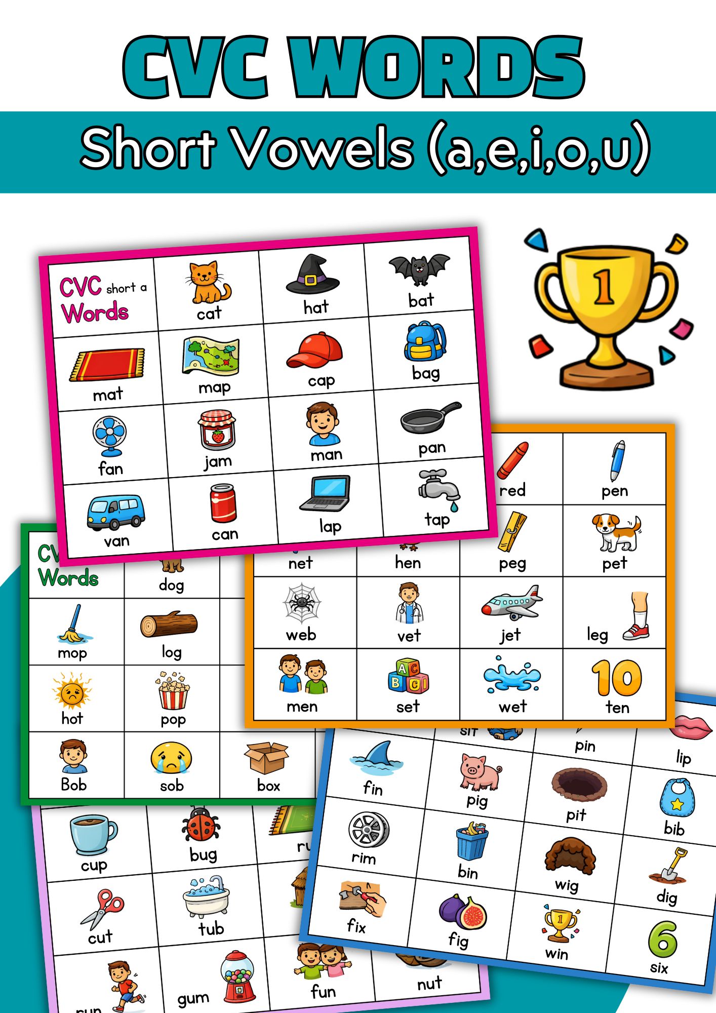 Product image - CVC Words Short Vowels (a,e,i,o,u) reading cards.